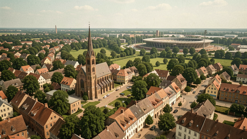 KI-generierte Luftbild-Illustration mit historisch kolorierter Anmutung für Köln-Müngersdorf